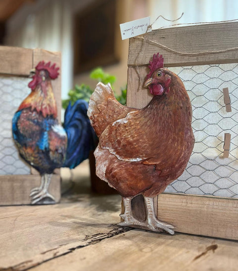 Quadro gallo Giorgio e gallina Agrippina dipinti a mano